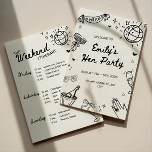 Editable Black and White Bachelorette Weekend Itinerary Printable or Digital Hen Do Itinerary Hand Drawn Girls Trip Itinerary Template