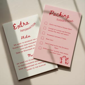 May include: Two cards with red text on a white and pink background. One card says "Extra Information" and "Photos". The other card says "Packing Suggestions" with a checklist including "Rain Coat" and "Disco Theme Outfit".