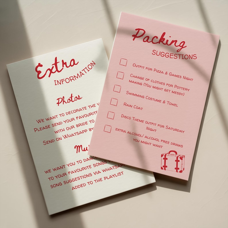 May include: Two cards with red text on a white and pink background. One card says "Extra Information" and "Photos". The other card says "Packing Suggestions" with a checklist including "Rain Coat" and "Disco Theme Outfit".
