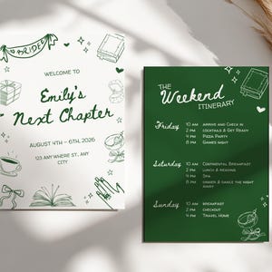 May include: Two invitation cards with green and white designs. One card says "Welcome to Emily's Next Chapter" with event details and illustrations. The other card is green with a white itinerary for the weekend.