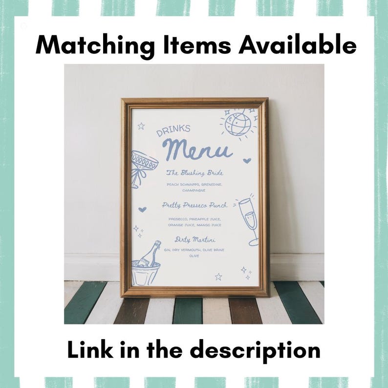 Peut inclure: Un menu encadr&eacute; avec un cadre en bois, pr&eacute;sentant des noms de boissons et des ingr&eacute;dients &agrave; l'encre bleue. Le menu comprend "The Blushing Bride", "Pretty Presesco Punch" et "Dirty Martini". Le texte "Matching Items Available" et "Link in the description" sont &eacute;galement visibles.