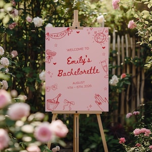 Editable Hen Party Welcome sign Bachelorette Pink and Red Welcome sign Custom Bridal shower decor Personalised Hen do Welcome sign