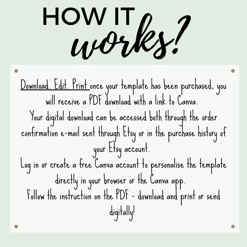 K&ouml;nnte beinhalten: Hellgr&uuml;ner Hintergrund mit den Worten &bdquo;HOW IT works?&ldquo; in schwarzer Schrift. Darunter Anweisungen zum Herunterladen, Bearbeiten und Drucken einer auf Etsy gekauften Vorlage, einschlie&szlig;lich eines Links zu Canva.