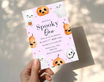 Gruselige Halloween-Einladung zum ersten Geburtstag Süßer Geist und Kürbis Boo-Day laden ein Bearbeitbarer erster Geburtstag Halloween-Einladung