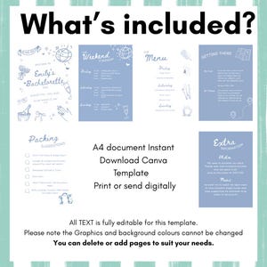 Peut inclure: Un mod&egrave;le num&eacute;rique bleu clair et blanc avec le texte "What's included?" et "Emily's Bachelorette". Il comprend des sections pour l'itin&eacute;raire du week-end, le menu, les suggestions d'emballage et des informations suppl&eacute;mentaires. Le mod&egrave;le est un document A4.