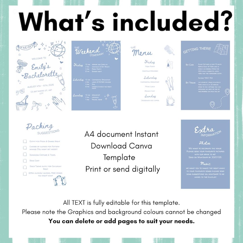 Peut inclure: Un mod&egrave;le num&eacute;rique bleu clair et blanc avec le texte "What's included?" et "Emily's Bachelorette". Il comprend des sections pour l'itin&eacute;raire du week-end, le menu, les suggestions d'emballage et des informations suppl&eacute;mentaires. Le mod&egrave;le est un document A4.