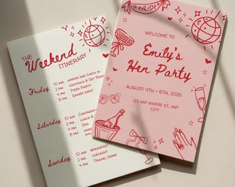 Itinerario de despedida de soltera en rojo y rosa editable, imprimible o digital, plantilla de itinerario de viaje de chicas dibujada a mano.