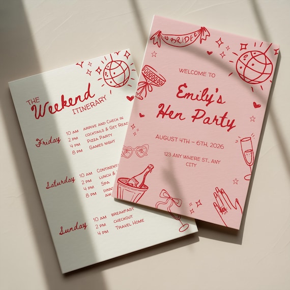 Editable Red and Pink Bachelorette Weekend Itinerary Printable or Digital Hen Do Itinerary Hand Drawn Girls Trip Itinerary Template