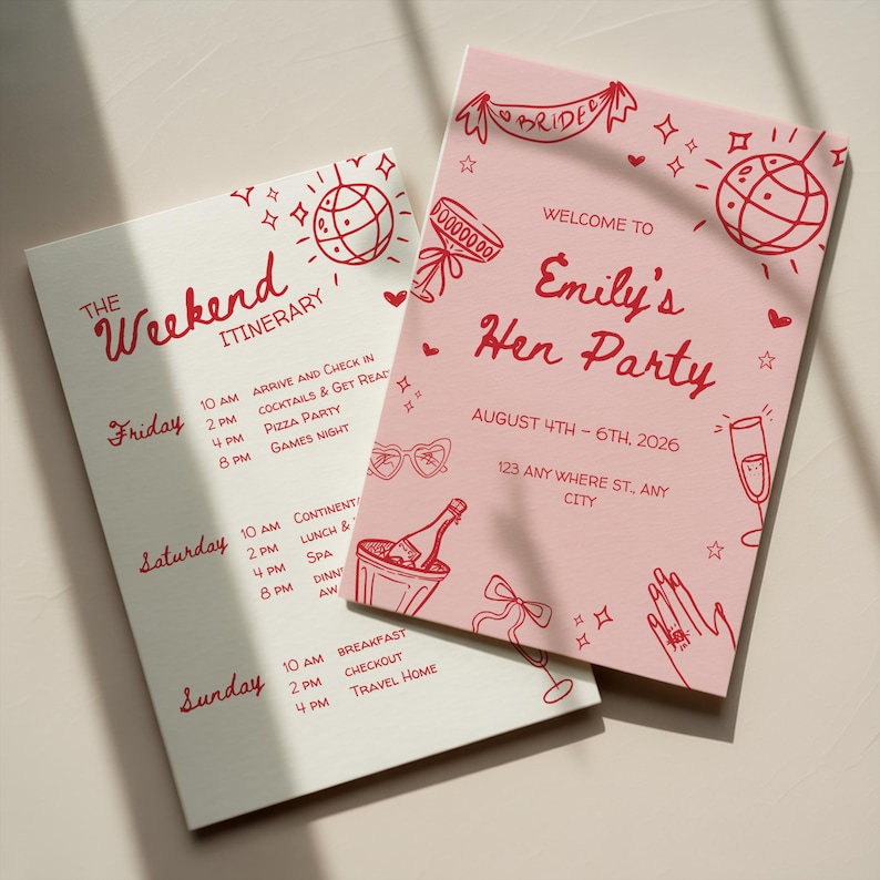 May include: Two pink and white party itinerary cards. The pink card says "Emily's Hen Party" with event details and illustrations. The white card lists the weekend itinerary with times and activities in red.