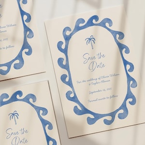 Blue Coastal Save The Date Template, Beach Wedding Save the Date Printable Editable Template Palm Tree Summer Save the Date
