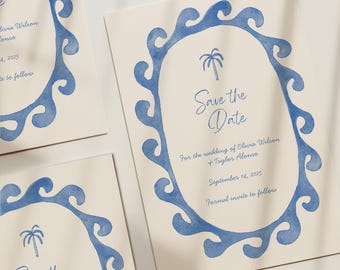 Modèle réservez votre date côtière bleue, réservez cette date pour mariage sur la plage Modèle réservez une date imprimable et modifiable palmier réservez la date d'été