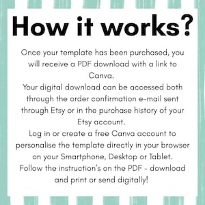 May include: A digital download guide titled "How it works?" on a light green background with white text. The guide explains how to access and personalize a template using Canva after purchase, and how to print or send it digitally.