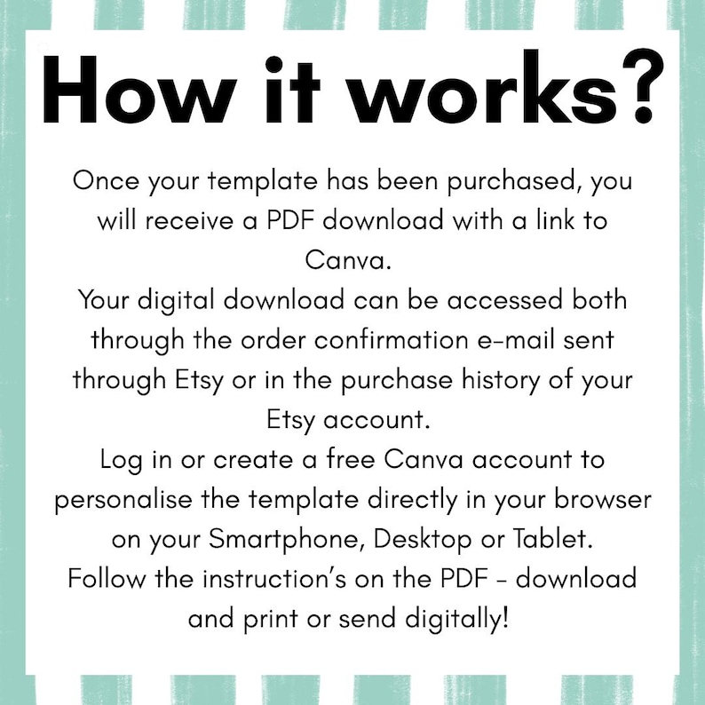 May include: A digital download guide titled "How it works?" on a light green background with white text. The guide explains how to access and personalize a template using Canva after purchase, and how to print or send it digitally.