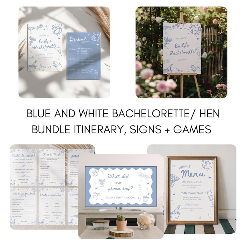 Peut inclure: Ensemble de fournitures de f&ecirc;te de c&eacute;libataire bleues et blanches. Comprend un itin&eacute;raire, une pancarte de bienvenue, des jeux et un menu de boissons. Les motifs pr&eacute;sentent des illustrations d'un globe, de champagne et d'autres &eacute;l&eacute;ments de f&ecirc;te.