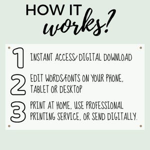 K&ouml;nnte beinhalten: Auf hellgr&uuml;nem Hintergrund steht in schwarzer Schrift &bdquo;HOW IT works?&ldquo;. Ein wei&szlig;es Rechteck listet drei Schritte auf: Sofortiger digitaler Download, Bearbeiten von W&ouml;rtern/Schriften auf dem Telefon und zu Hause drucken oder digital senden.