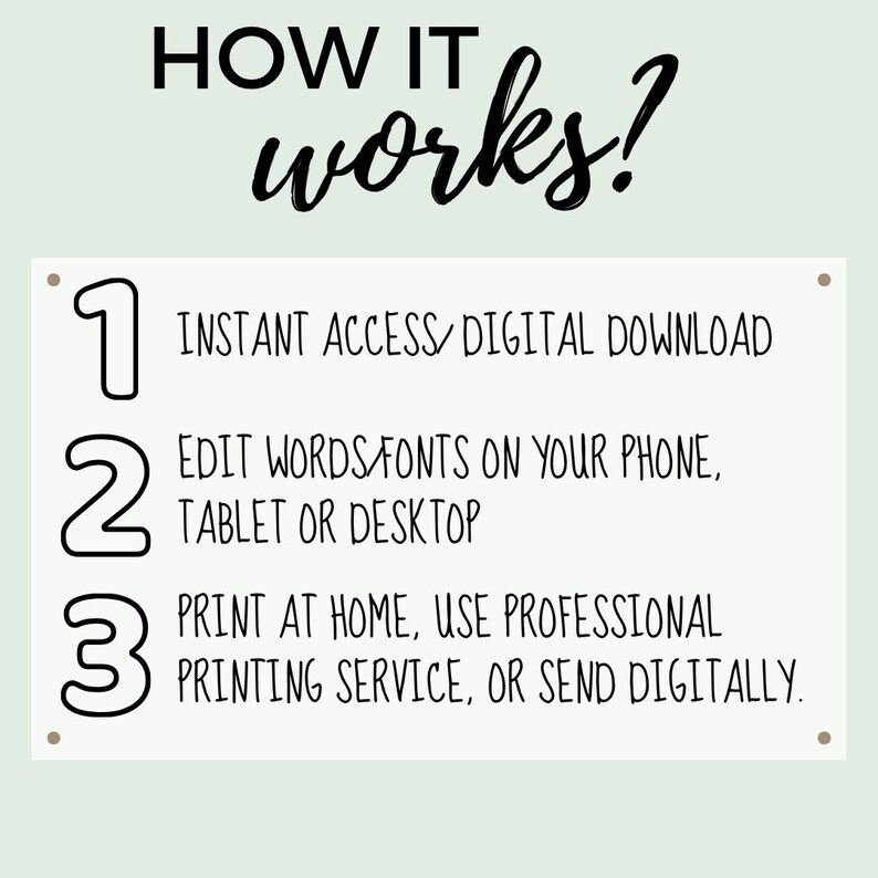 K&ouml;nnte beinhalten: Auf hellgr&uuml;nem Hintergrund steht in schwarzer Schrift &bdquo;HOW IT works?&ldquo;. Ein wei&szlig;es Rechteck listet drei Schritte auf: Sofortiger digitaler Download, Bearbeiten von W&ouml;rtern/Schriften auf dem Telefon und zu Hause drucken oder digital senden.