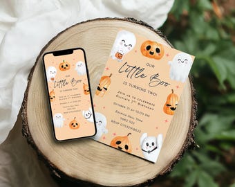 Unser kleiner Boo verwandelt sich zwei Halloween-Geburtstagseinladung Süßer Geist und Kürbis-Halloween-Geburtstag laden bearbeitbare Canva-Vorlage ein