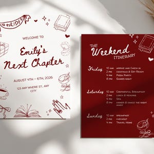 Könnte beinhalten: Zwei Eventkarten. Eine weiße Karte mit weinrotem Text und Illustrationen, darunter "Bride", "Emily's Next Chapter" und Veranstaltungsdetails. Die andere Karte ist weinrot mit weißem Text, betitelt "The Weekend Itinerary", mit Aktivitäten und Zeiten.