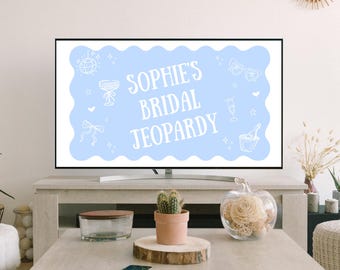 Gioco Jeopardy per addio al nubilato in blu e bianco, Jeopardy per la sposa modificabile, divertenti giochi per addio al nubilato, gioco a quiz per addio al nubilato