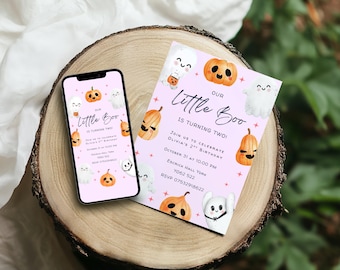 Unser kleiner Boo verwandelt sich zwei Halloween-Geburtstagseinladung Süßer Geist und Kürbis-Halloween-Geburtstag laden bearbeitbare Canva-Vorlage ein