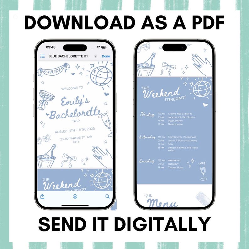 Peut inclure: Deux smartphones affichant un itin&eacute;raire de f&ecirc;te de c&eacute;libataire de couleur bleue. Le premier t&eacute;l&eacute;phone affiche le nom de la mari&eacute;e, les dates du voyage et le lieu. Le second affiche l'itin&eacute;raire du week-end avec les horaires et les activit&eacute;s. Le texte en haut dit "T&Eacute;L&Eacute;CHARGER EN PDF" et "ENVOYER NUM&Eacute;RIQUEMENT".