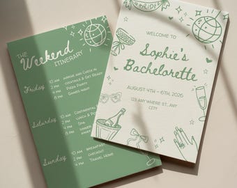 May include: Two event itinerary cards. One is green with the text "The Weekend Itinerary" and a schedule. The other is off-white with the text "Welcome to Sophie's Bachelorette" and event details. Both cards have decorative illustrations.