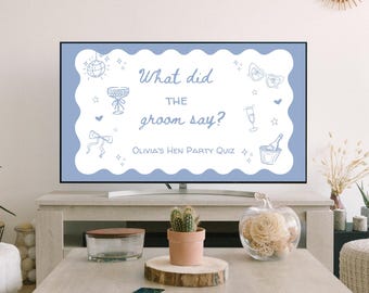 What did the Groom Say bachelorette trivia game Blue & White Hen Party power point what did the groom say game (Canva Template)