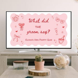 What did the Groom Say bachelorette trivia game Pink and Red Hen Party power point what did the groom say game (Canva Template)