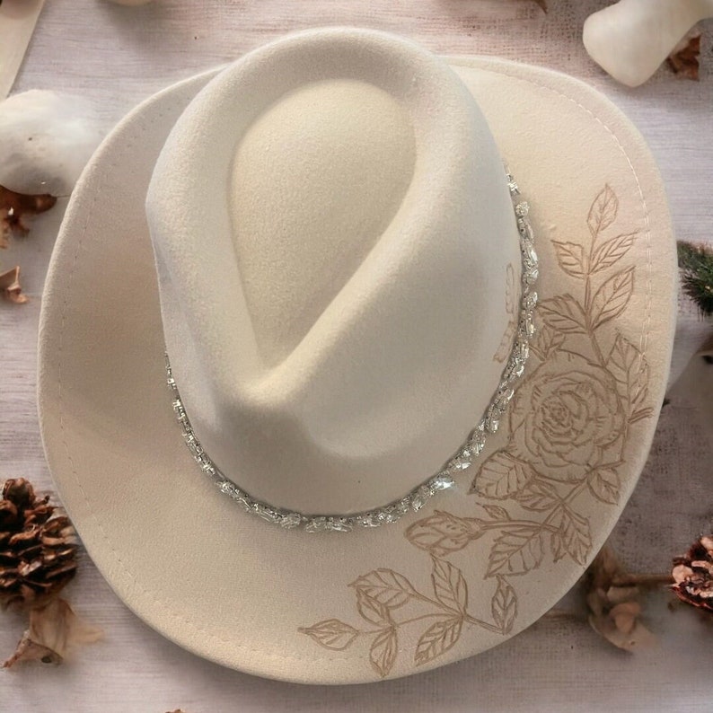 Rhinestone Rose Motif Burned Hat - Etsy