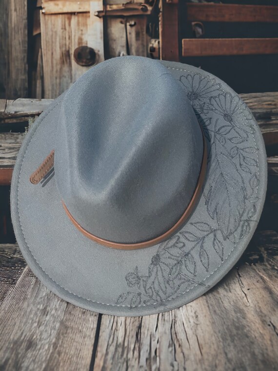 Wide brim, adjustable, gray fedora hat with blue and brown feathers Fox Fedora - Gray - Long Hair – Bellissimo Hats main image 3