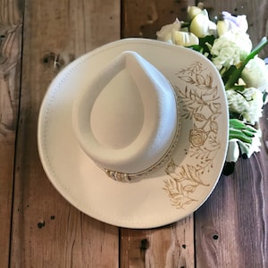 White Cowboy hat with burned floral design