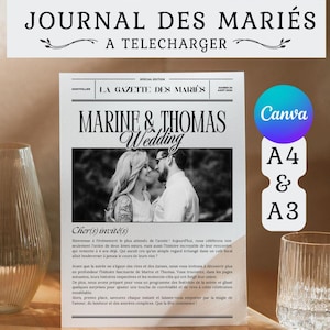 Peut inclure: Un modèle de journal de mariage avec le titre "JOURNAL DES MARIÉS A TELECHARGER". Le journal présente une photo en noir et blanc d'un couple, avec les noms "MARINE & THOMAS Wedding" dans un style de journal vintage. Le modèle est disponible en formats A4 et A3.