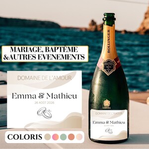 以下が含まれることがあります： 金色のラベルと「Emma & Mathieu」と「26 AOÛT 2026」の文字が入った白いラベルが付いた、緑色のボランジェシャンパンボトル。画像には、「MARIAGE, BAPTÊME & AUTRES EVENEMENTS」というテキストのカードも含まれています。