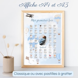 Regalo de nacimiento personalizado - Póster de mi primer bebé - Tema globo aerostático azul