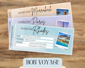 May include: Three blue, purple, and orange ticket stubs with the words "DESTINATION Marrakech", "DESTINATION Paris", and "DESTINATION Rhodes" printed on them. The tickets have a date, passenger, and message section. The message section says "Joyeux anniversaire papa, Vous partez en vacances..." The tickets have a photo of a building in Marrakech, the Eiffel Tower in Paris, and a beach scene in Rhodes.