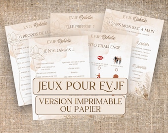May include: A set of printable games for a hen party. The games are themed around the bride-to-be's name, Ophelie. The games include "A propos de Lu", "Elle préfère?", "Je n'ai jamais...", "Dans mon sac à main", and "Photo Challenge".