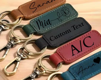 Custom Cowhide Leather Keychain Anniversary Gift Husband Birthday Present Idea Name Engraved Keyring Accessory Couple Keychains Key Wristlet