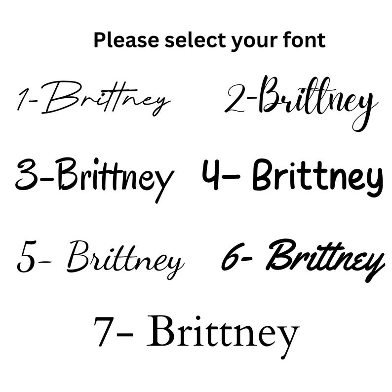 May include: Image displays seven font options for the name "Brittney." The text "Please select your font" is at the top. Each option is numbered and shows the name in a different style, ranging from cursive to bold.