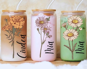 Birth Flower Tumbler, Personalized Iced Coffee Cup with Straw, Bridesmaids Gifts