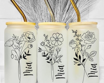Birth Flower Tumbler, Personalized Iced Coffee Cup with Straw, Bridesmaids Gifts