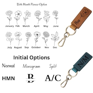 May include: Two leather keychains with metal hardware. One is brown with a floral design and the name "Mia". The other is teal with the initials "N/M". The image also shows birth month flower options and initial options.
