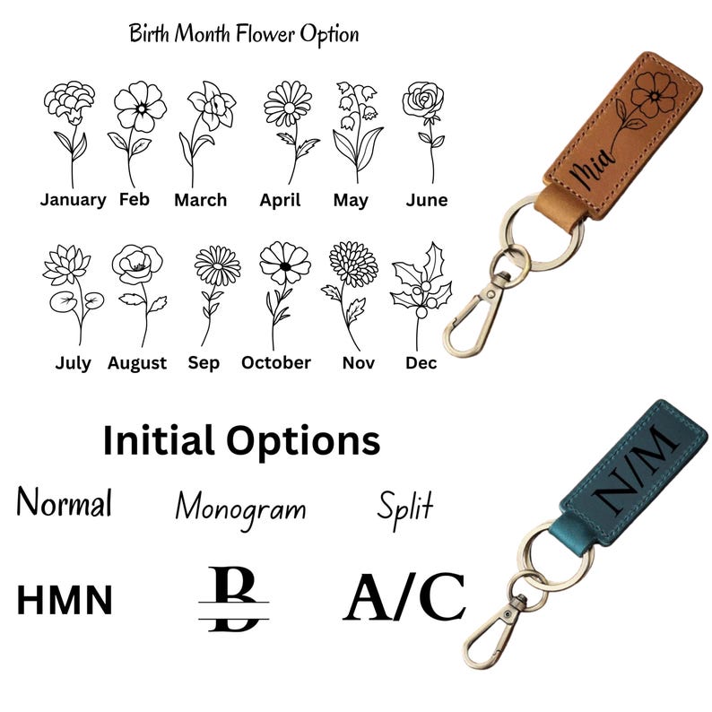 May include: Two leather keychains with metal hardware. One is brown with a floral design and the name "Mia". The other is teal with the initials "N/M". The image also shows birth month flower options and initial options.