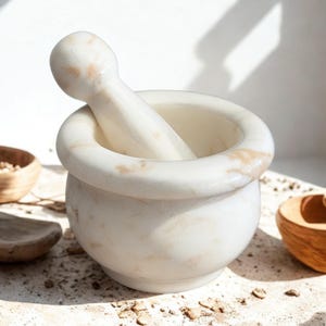 White Marble Mortar and Pestle Set – Handmade Natural Stone Grinder – Heavy Kitchen Herb Crusher 15cm – Culinary Gift