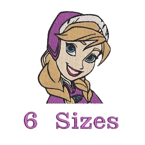 May include: Embroidered image of a smiling cartoon character with blonde hair, blue eyes, and a purple hooded cloak. The text "6 Sizes" is displayed in purple below the character.