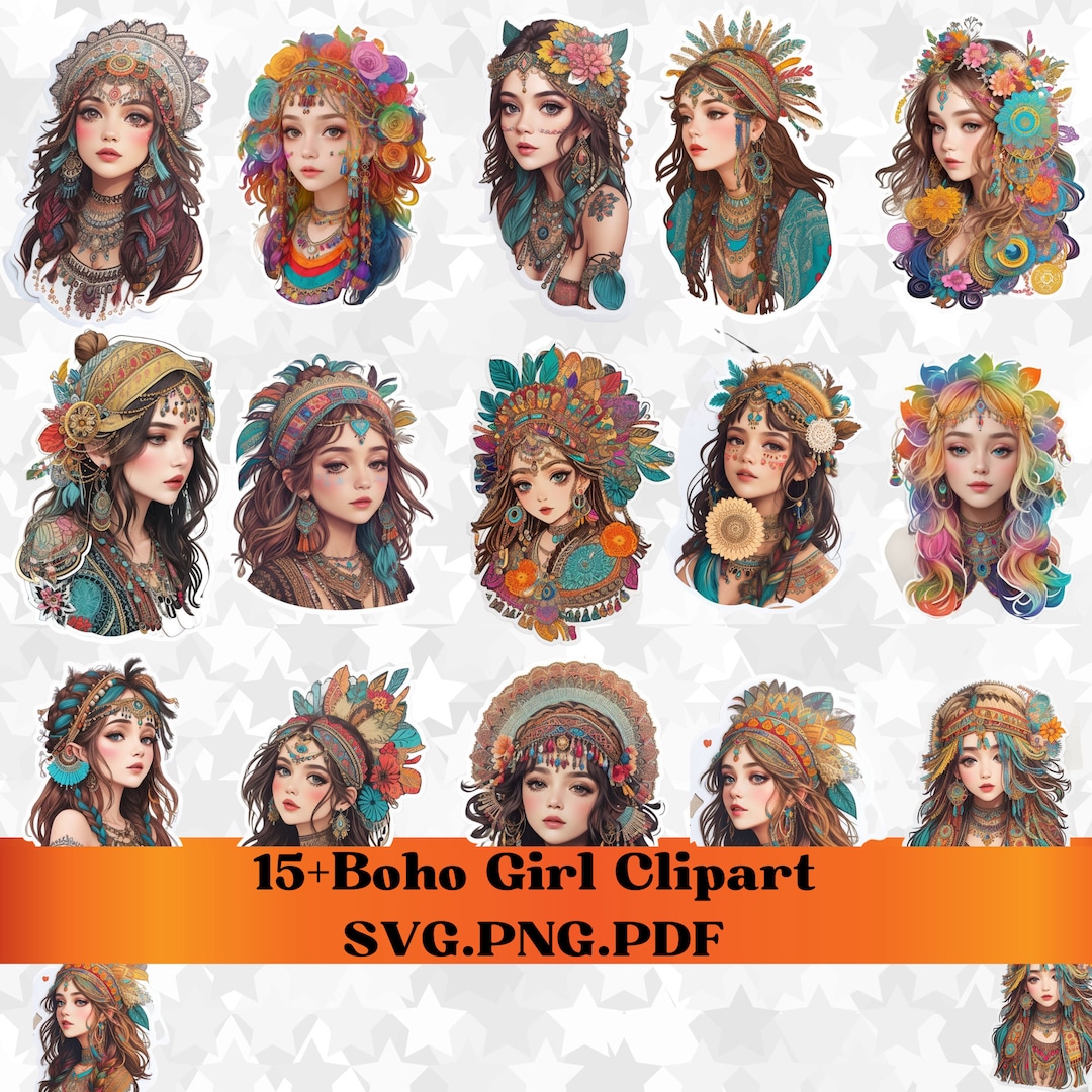Boho Girl Clipart Svg Sticker Bundles Boho Stickers Boho Etsy
