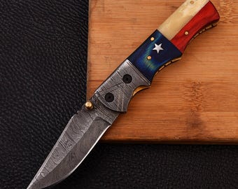 Coltello pieghevole in acciaio di Damasco fatto a mano Coltello da campeggio regalo personalizzato Regalo di compleanno per lei Coltello americano Regalo di anniversario Regalo di Natale
