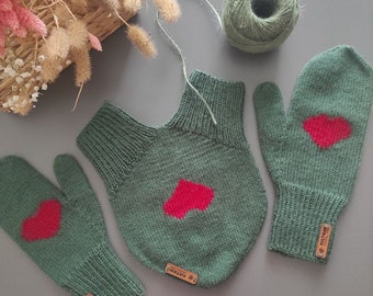 Hand Knit Wool Mittens for Two: Embroidered Heart, Couples Gift