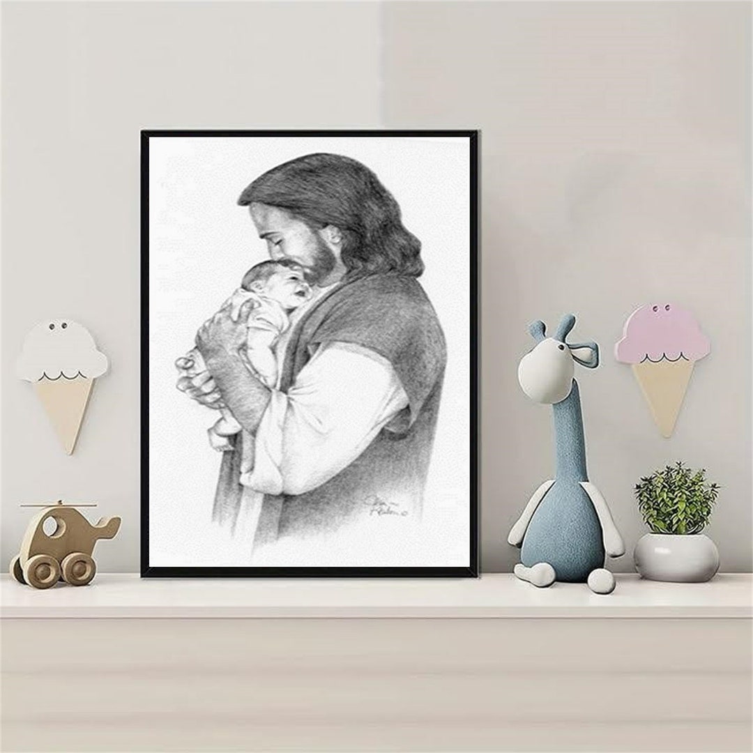 Jesus Christ Cuddling Baby Art Photo Drawing Nursery Print Digital ...