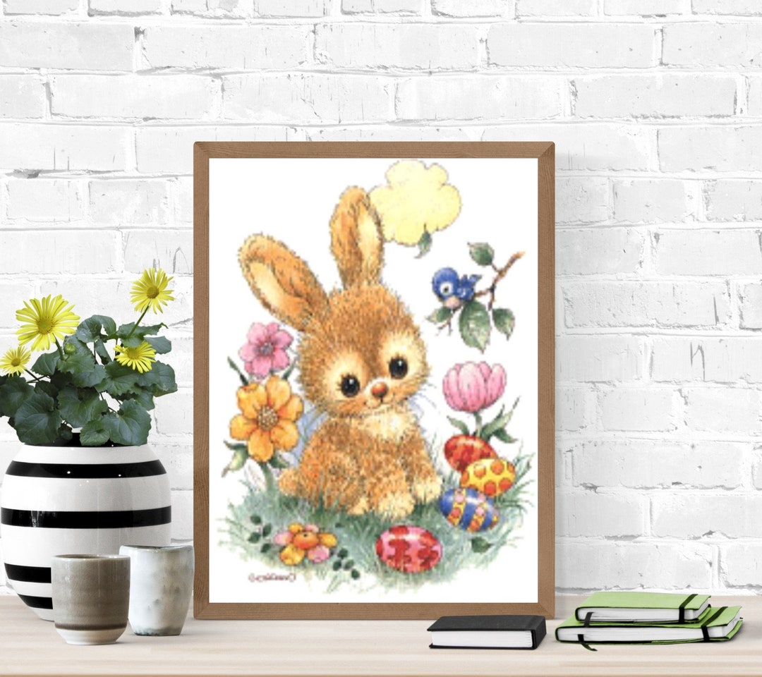 Cute Easter Bunny With Flowers and Eggs Art Photo Print Digital ...