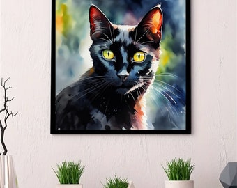 Black Cat Cute Watercolor Art Photo Print Digital Download